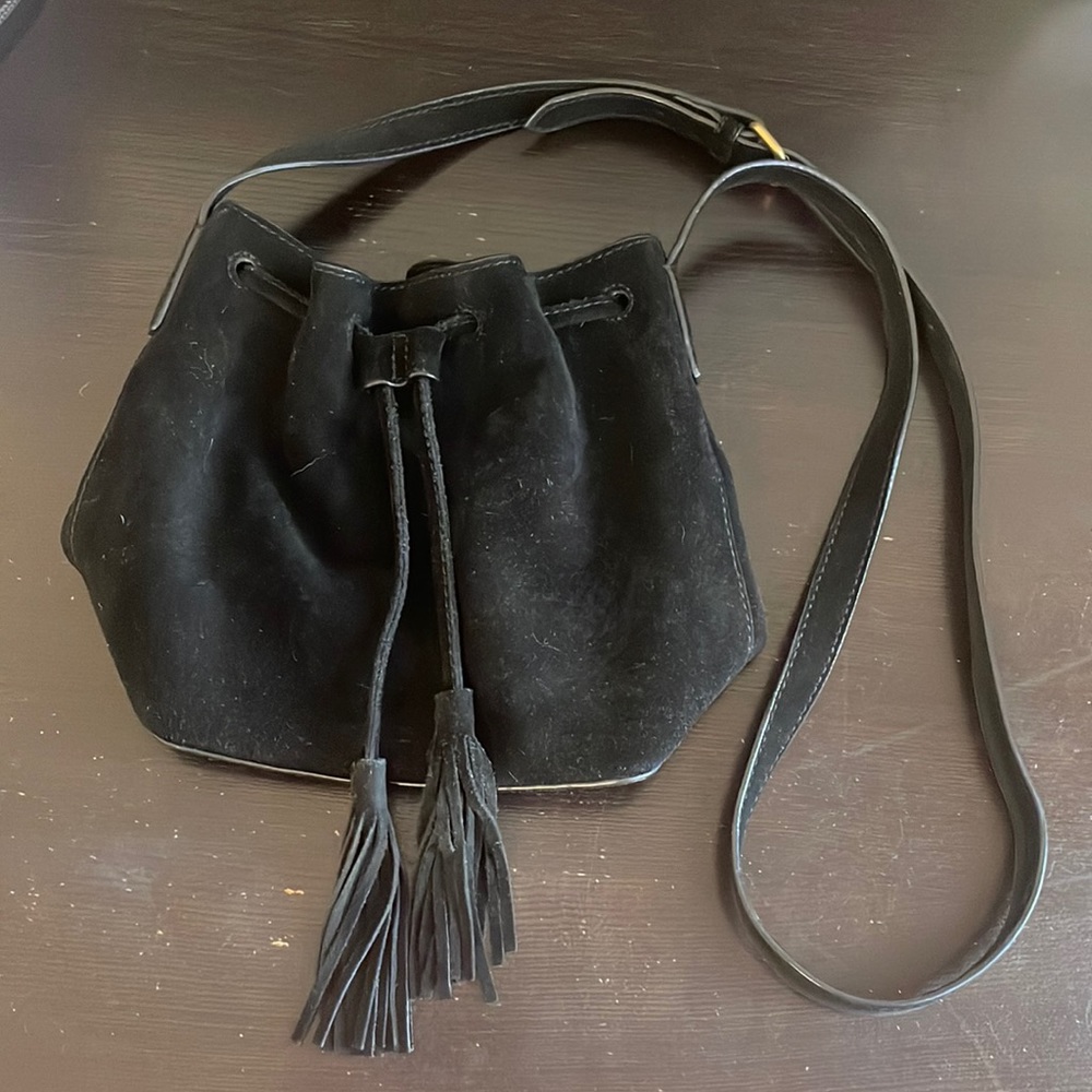 J. Crew black suede mini bucket bag with tassels